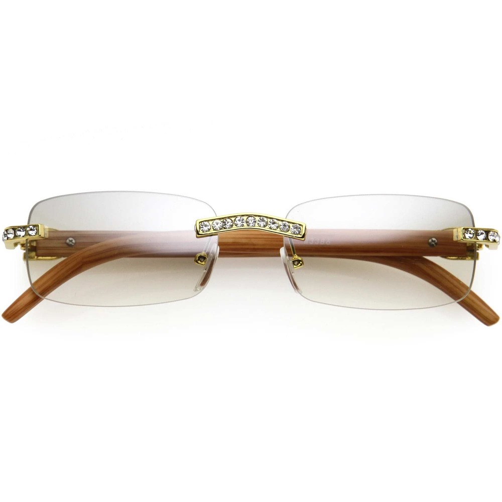 Rhinestone Rimless Sunglasses Wood Grain Arms Hip Hop Fashion Men Street Hip Hop